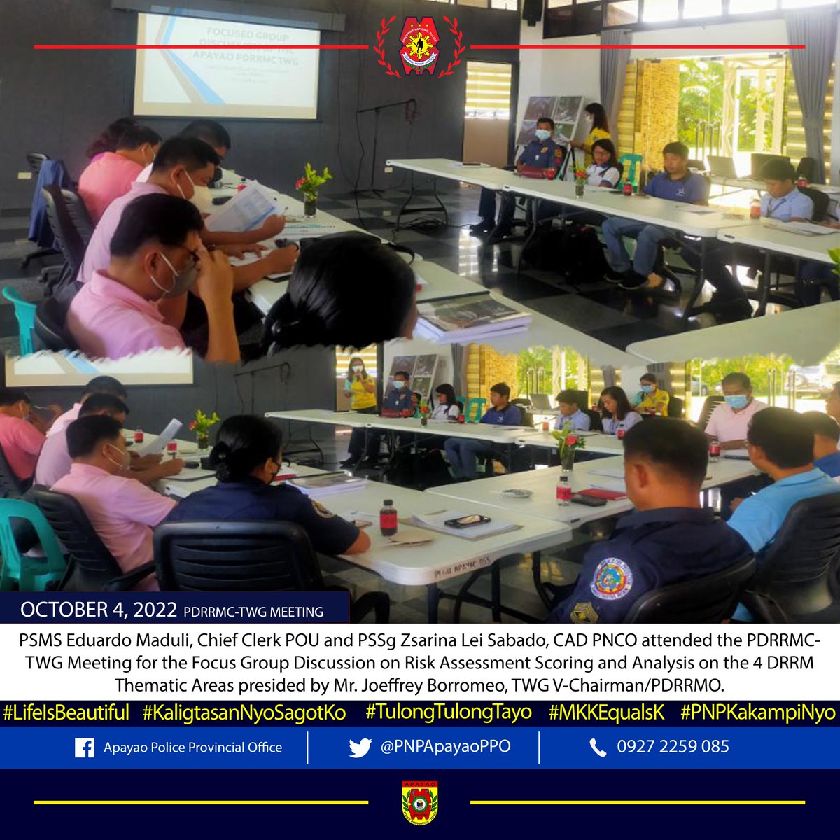 ApayaoP's tweet photo. PSMS Maduli and PSSg Sabado attended the PDRRMC-TWG Meeting for the Focus Group Discussion on Risk Assessment Scoring and Analysis on the 4 DRRM Thematic Areas.

#LifeIsBeautiful
#KaligtasanNyoSagotKo
#TulongTulongTayo
#MKKEqualsK
#PNPKakampiNyo

@PNPCordillera https://t.co/s0q5aMkISH