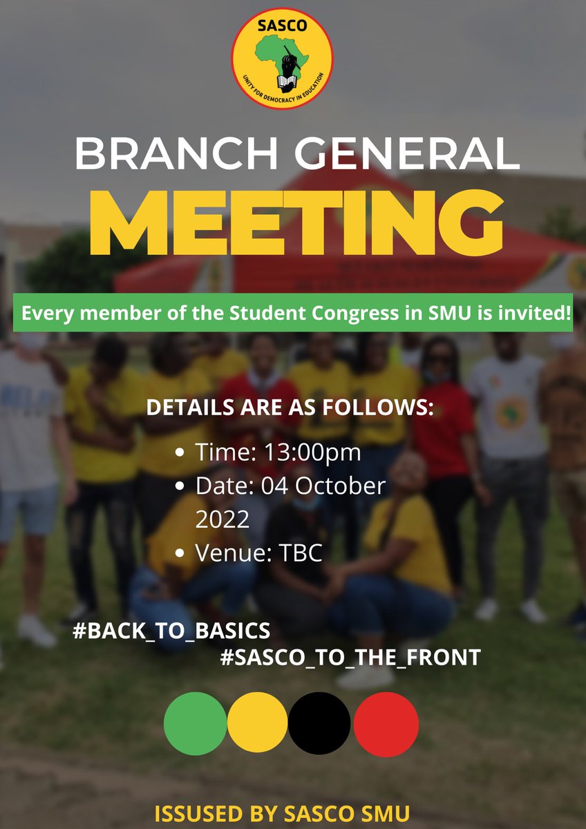 SascoSmu's tweet photo. In light of the upcoming SRC elections, it is imperative that all processes of the organisation are duly followed. The unity of SASCO remains sacrosanct! #BacktoBasics #SASCOToTheFront 💚💛🖤❤️@SascoNational @SASCO_Gauteng @SmuYcl @SASCO_Jikelele https://t.co/Tdkz6bCHbd