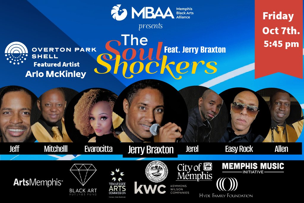 MBAAFireHouse's tweet photo. @MBAAFireHouse  invites you to let loose and ride the groove with the Soul Shockers feat. Jerry Braxton at 5:45 pm and stay for the main show featuring @ArloMckinley Friday, Oct.7th at @TheShell901! #MemphisStrong #FuninMemphis #MemphisMusic #thingstodomemphis #freeconcert #mbaa https://t.co/2bRFSfYsdp