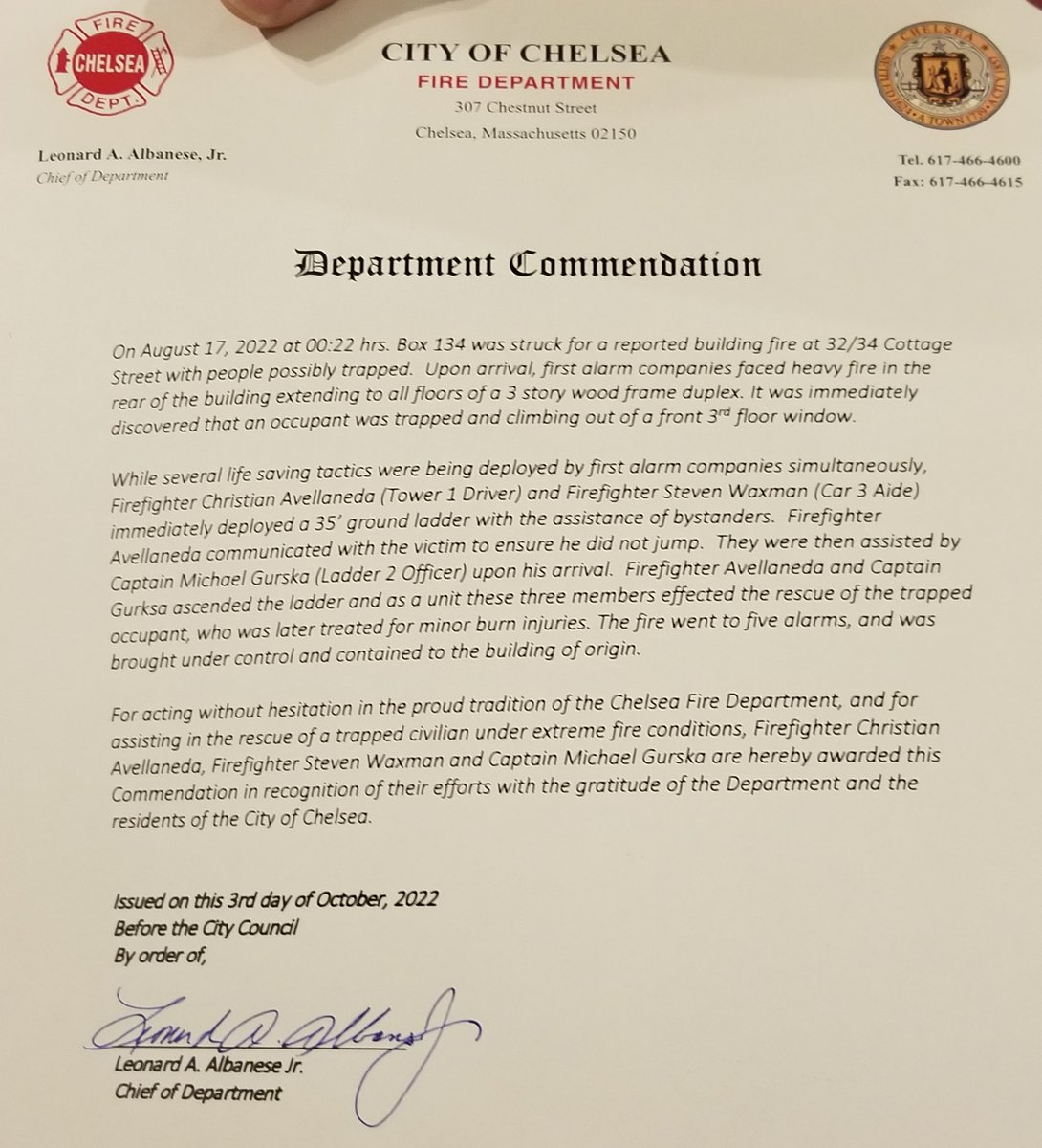 paulkoolloian1's tweet photo. Chelsea Fire Dept. Capt. Michael Gurska  Firefighters  Cristian Avellaneda and Steven Waxman received a Departmental Commendation for saving the life of a trapped occupant from the third floor during a 4 Alarm fire  on August 17, 2022 at 32-34 Cottage Street. https://t.co/s0NRF3DO7H