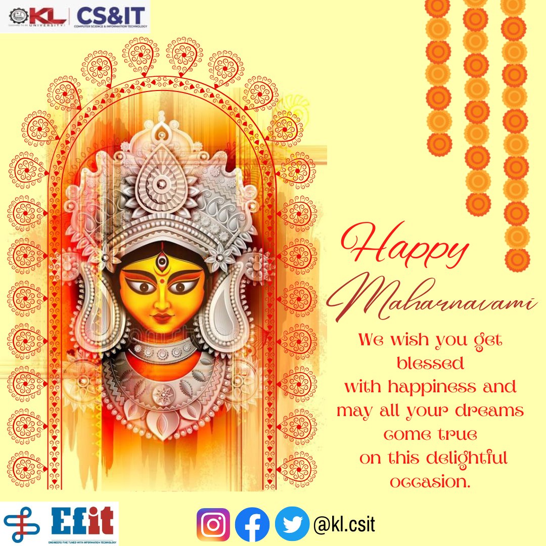 klcsit's tweet photo. Happy Mahanavami 2022.
May goddess durga enlighten your knowledge & hope you achieve success in your future endeavors.
#klcsit #csit #kl.csit #kluniversity #navami #mahanavami #durgapuja #maadurga #worship #KLU https://t.co/fzQuQZdym7