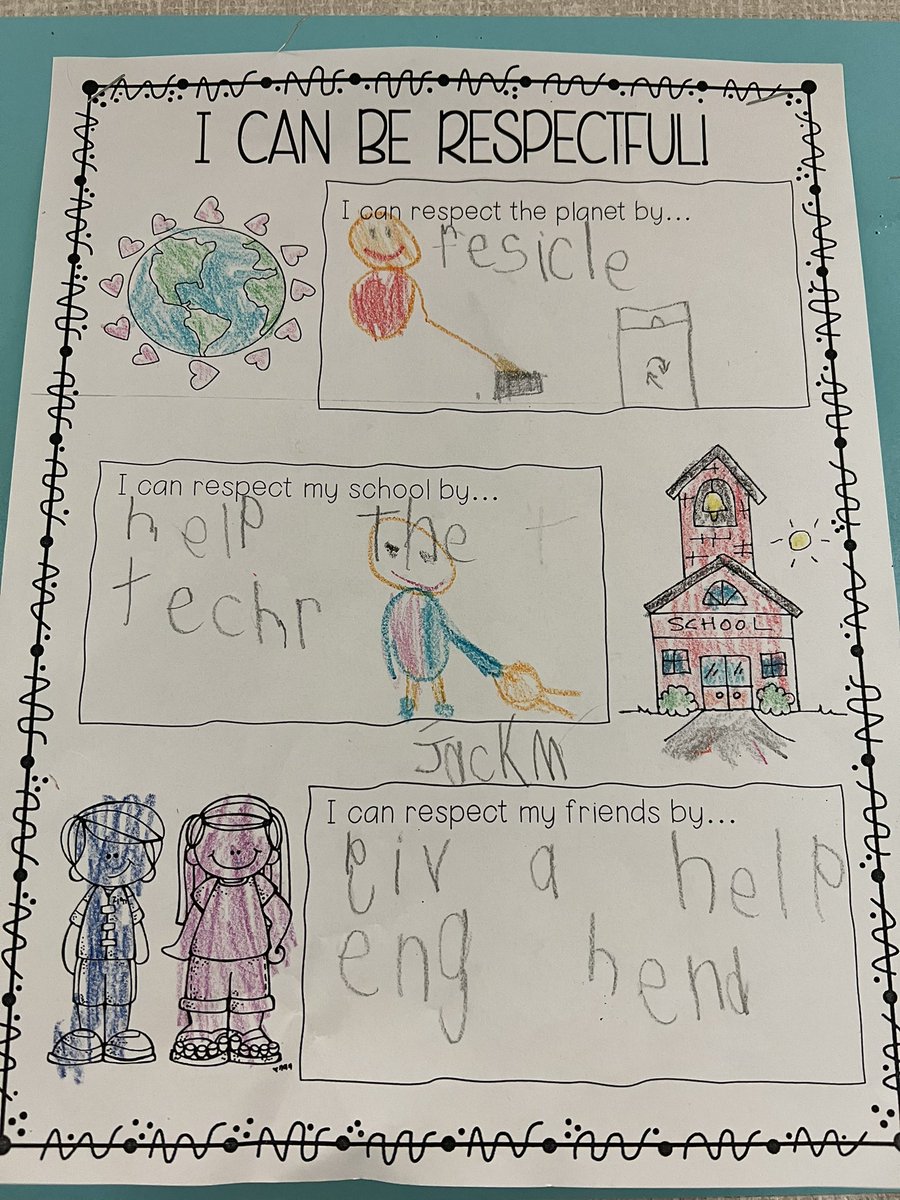 FPE1stGrade's tweet photo. We learned all about respect throughout August and September! Students gave three examples of how they can be a respectful citizen! 🤍 https://t.co/sza21Vu516