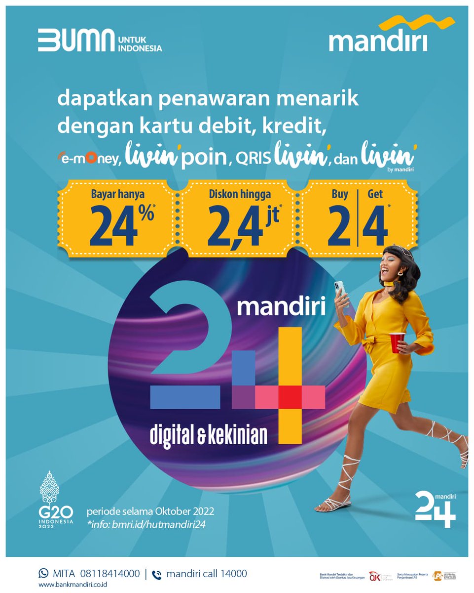 Asik promo2nya Bank Mandiri
makin menarik di ulang tahun ke 24 pasti makin Digital dan Kekinian 
bmri.id/hutmandiri24
#DigitaldanKekinian