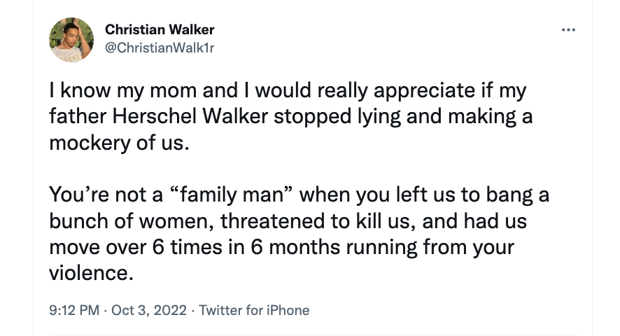 ShaneGoldmacher's tweet photo. Georgia is widely seen as one of the most important Senate races in the nation and this is is how the Herschel Walker campaign/family enters October https://t.co/kjiafEJ7Mh