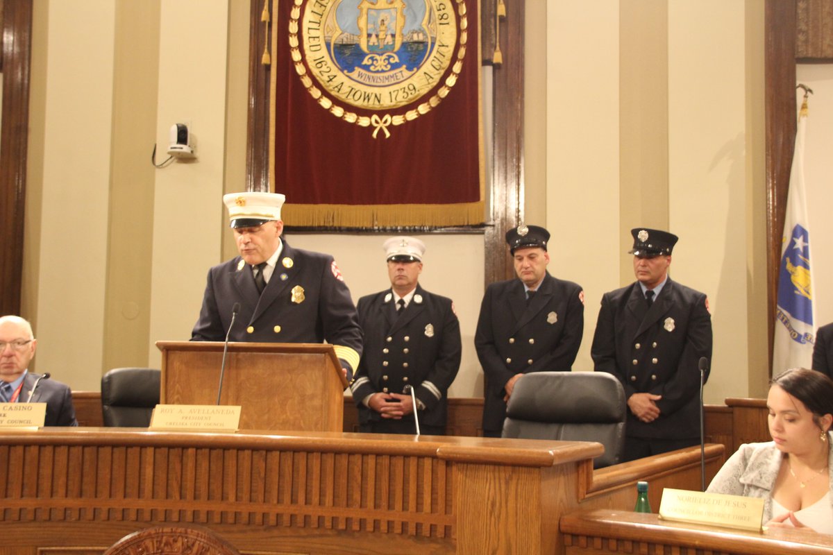 paulkoolloian1's tweet photo. Chelsea Fire Dept. Capt. Michael Gurska  Firefighters  Cristian Avellaneda and Steven Waxman received a Departmental Commendation for saving the life of a trapped occupant from the third floor during a 4 Alarm fire  on August 17, 2022 at 32-34 Cottage Street. https://t.co/s0NRF3DO7H