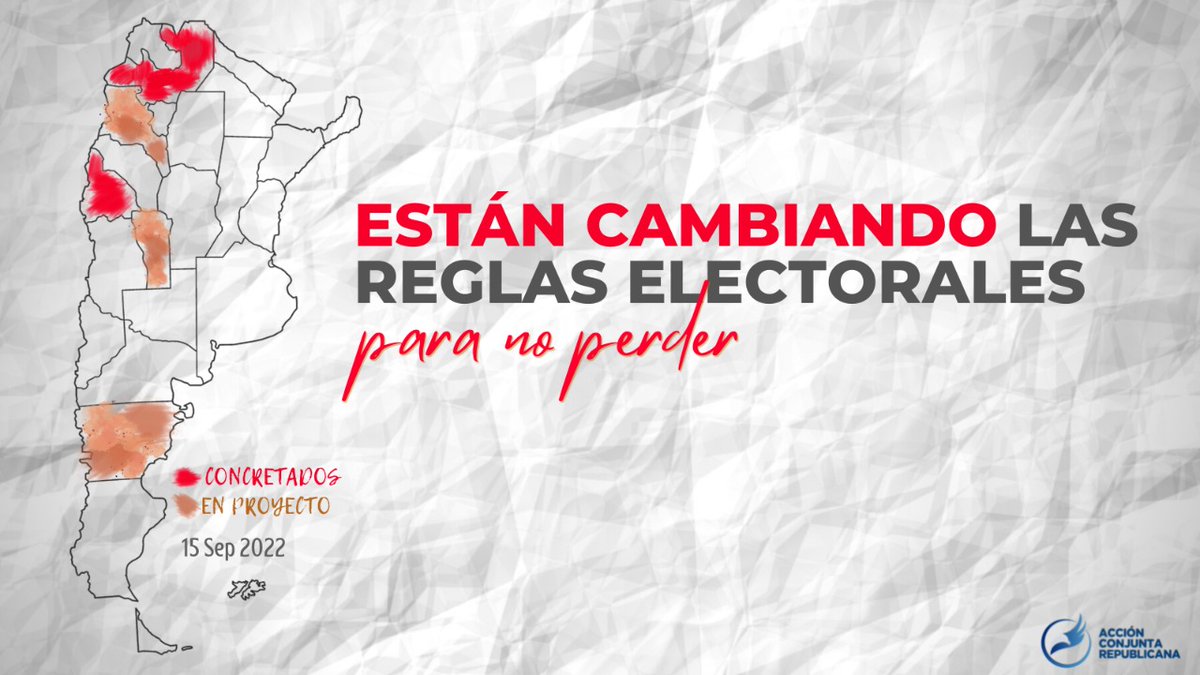 conjunta_accion's tweet photo. 🗳️⚡️| ALERTA ELECTORAL
Actualizamos el mapa de las especulaciones del Oficialismo:

🟧 SAN LUIS - Gob. Rodríguez Saá - Dijo querer instalar Ley de Lemas y ya enviaron Proyecto de derogación de las PASO a en la Cámara baja provincial.

Esto no es ahorrar, ¡es robarnos el voto! https://t.co/wRKCZXH17w