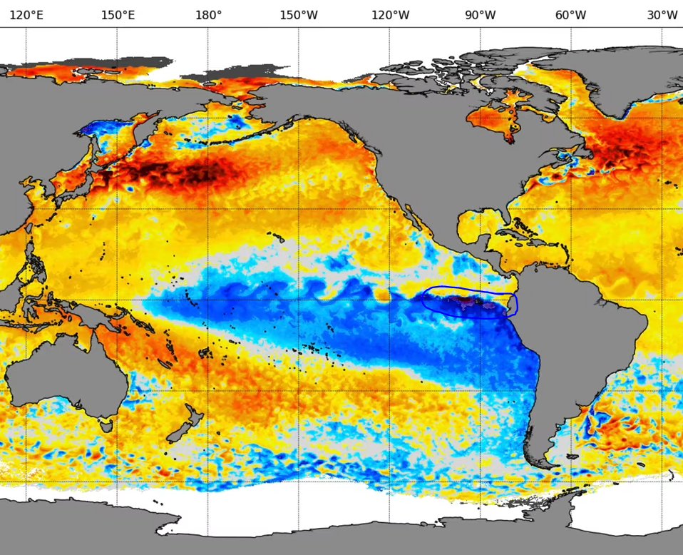 247dotAg's tweet photo. Never seen this La Nina so strong, pushing past a -5 value in the darkest spot. Trade winds super strong. https://t.co/rJJZVCklh8
