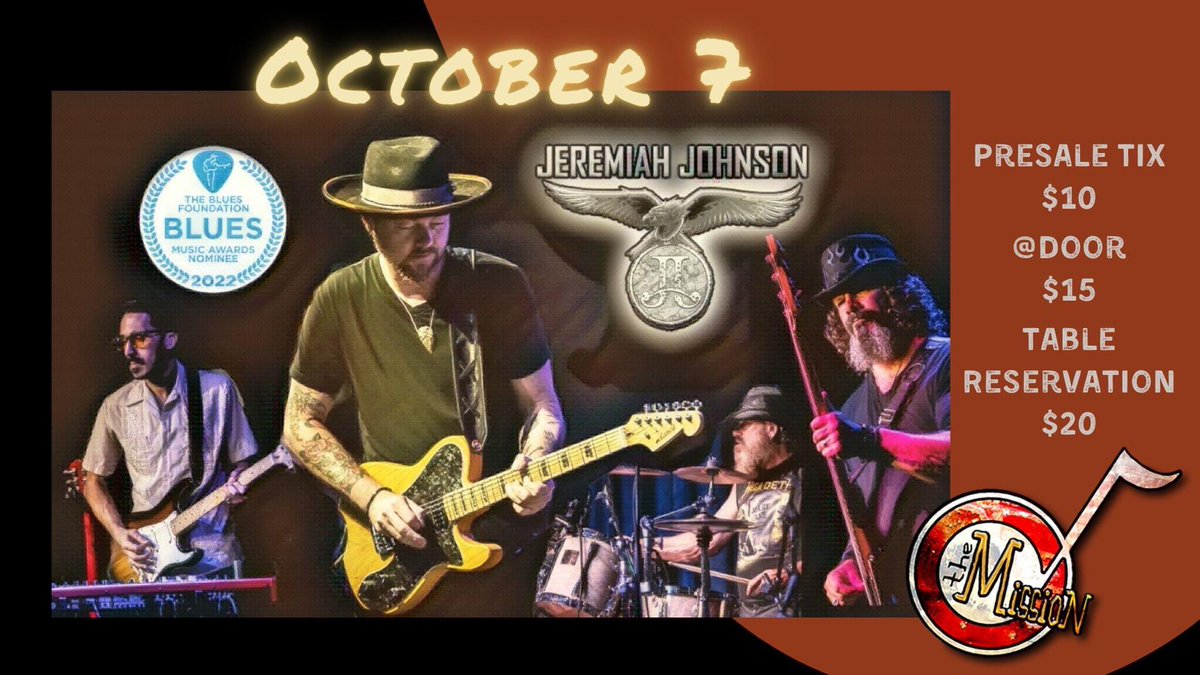 #livemusic 10/7 <a href="/jjb_bluesman/">Jeremiah Johnson</a> #jcmo Jefferson City
Tables sold out; limited seating remains! Buy presale tix on our website and save $5 #themissionjc #jeffersoncity #blues