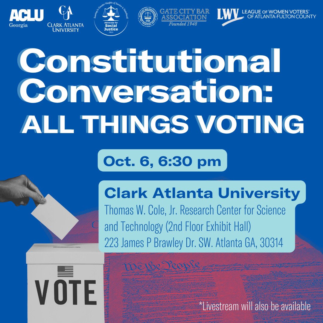 PiAlphaOmega85's tweet image. All Things Voting
COMMUNITY EVENT
Thursday, October 6, 2022 6:30 PM -  8:30 PM ET
Clark Atlanta University Thomas Cole Research Ctr
223 James P Brawley Dr SW, Atlanta, GA 30314

@pialphaomega85 @lwvaf @acluofga @gatecity1948
#AdvocateforSocialJustice #PAOForward