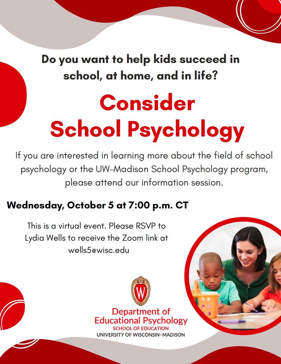 Interested in the field of school psychology? Join us on Wednesday, Oct 5 to learn more about our program. Email Lydia Wells (wells5@wisc.edu) to RSVP!