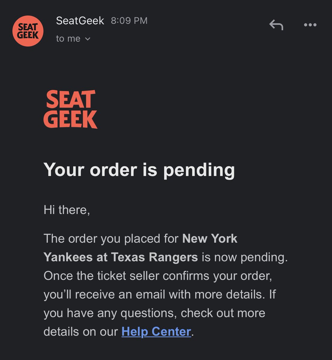 gusfigs's tweet photo. I just bought my tickets for tomorrow's @Yankees @Rangers on @SeatGeek but I have to wait to see if the seller is going to confirm the tickets. His options are 1)Judge doesn't hit HR sell 2) Judge Hits HR don't deliver tickets and raise the price. Is here a penalty for this? https://t.co/kEktu7SGar