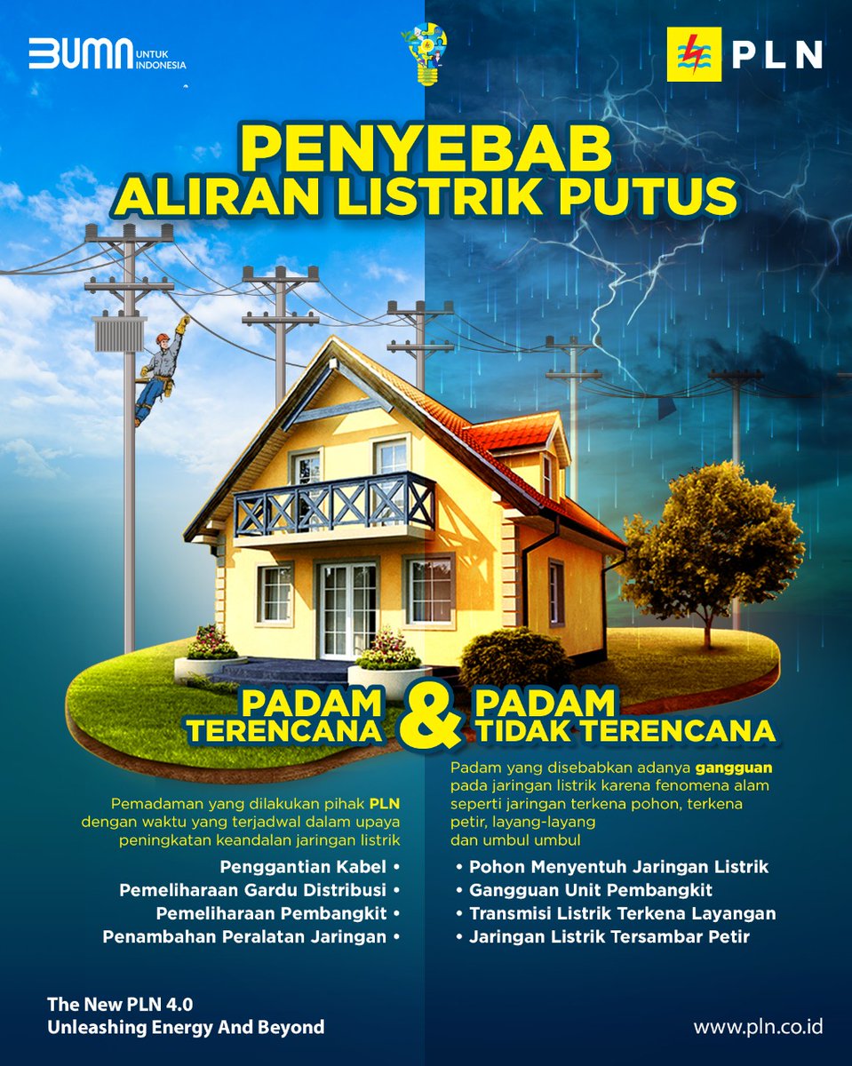 Hai Electrizen, PLN berupaya memastikan keamanan n keselamatan pelanggan dlm memberikan layanan listrik, terutama dtengah cuaca ekstrim seperti skrg ini. Dlm kondisi tertentu, PLN terpaksa memutus aliran listrik demi menjaga keselamatan pelanggan. 
#PLNUntukIndonesia