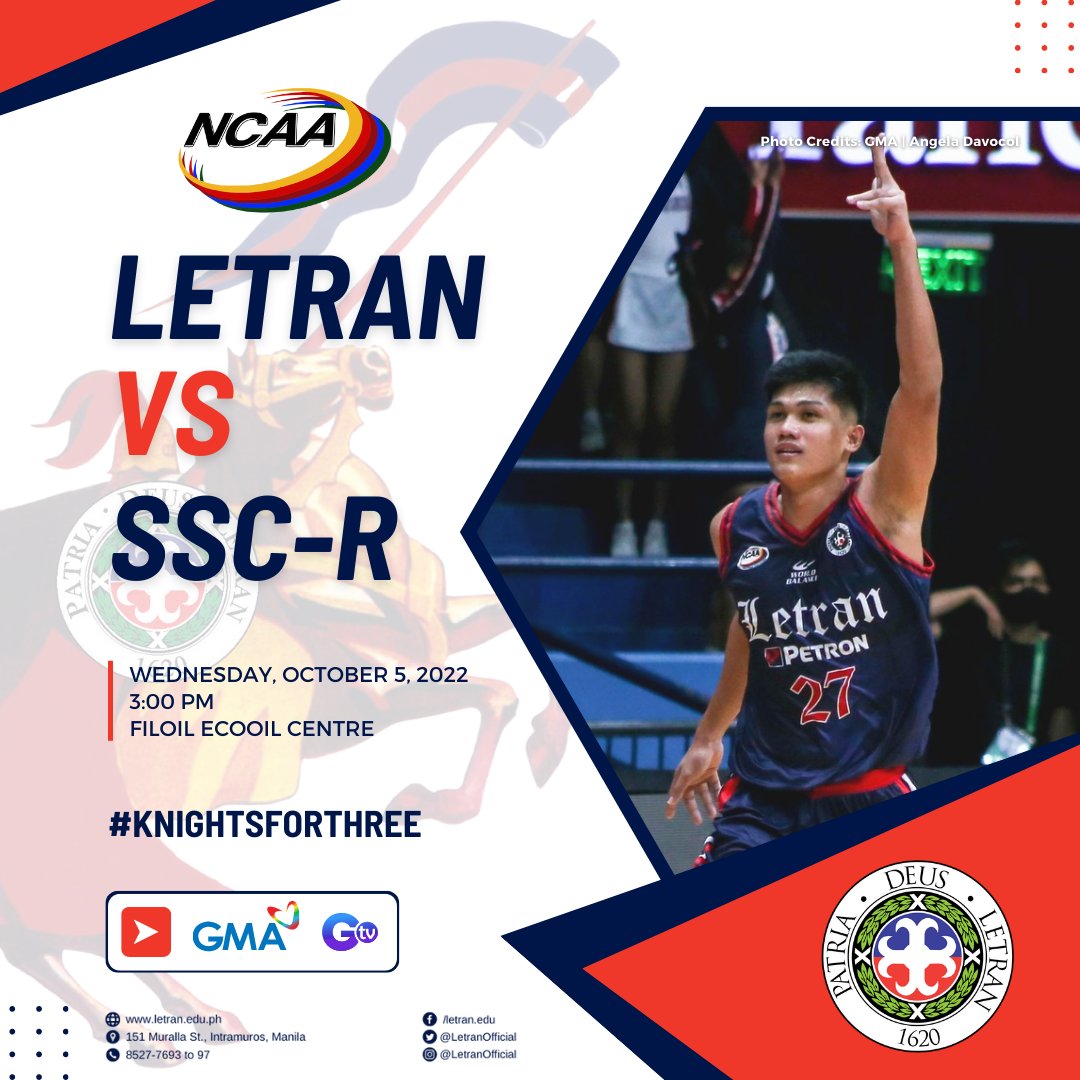 LetranOfficial's tweet photo. We go again!
Tomorrow, October 5, 2022, at 3:00 PM, we face the San Sebastian Golden Stags!
Catch the Knights live on GMA and GTV!
Tickets are now available at the Finance Office for the following: Patron (P200); Lower Box (P100)
#KnightsForThree
#LetranForThree
#NCAASeason98 https://t.co/qCC1j7vgOA