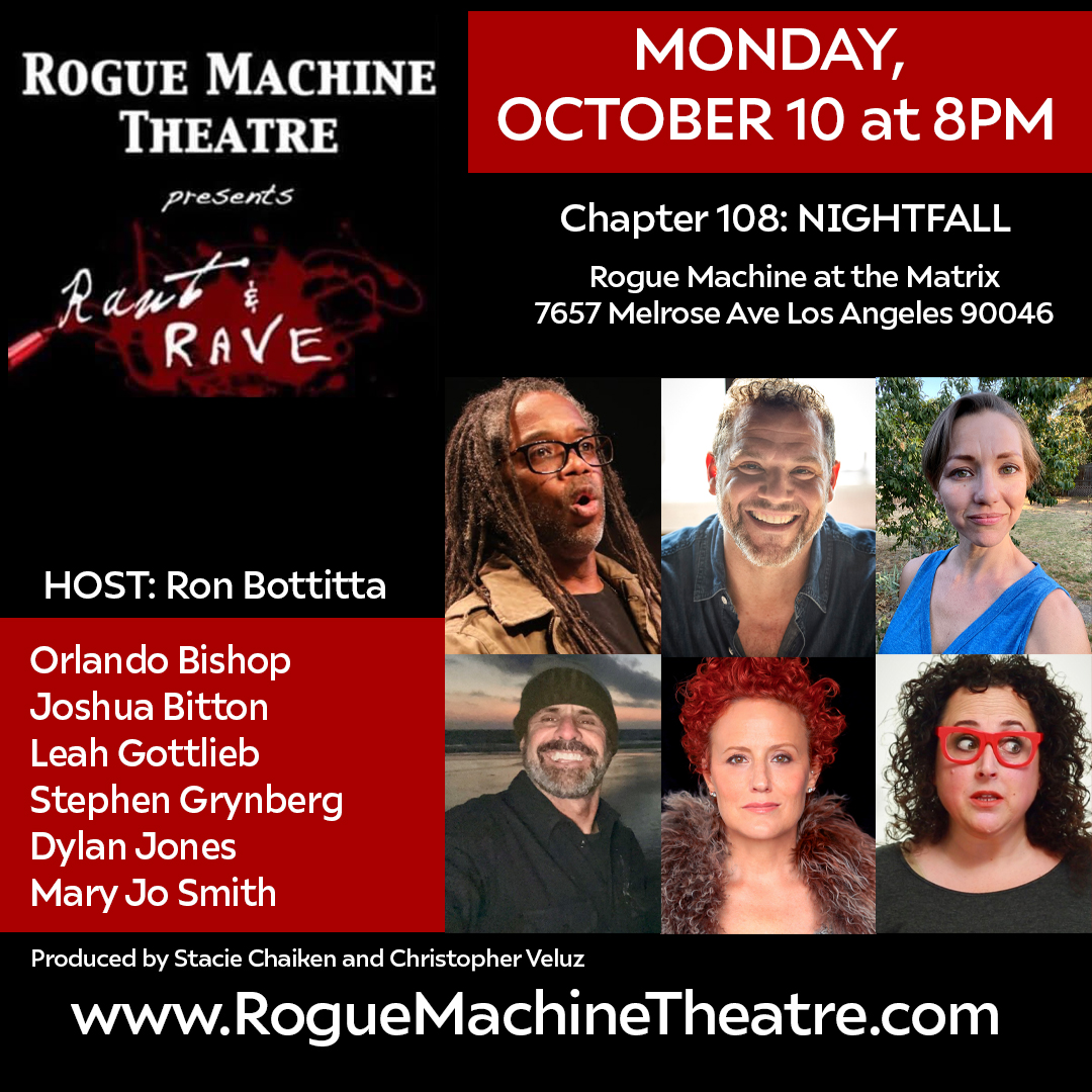 RogueMachineLA's tweet photo. Our next RANT &amp; RAVE is one week from today! The word prompt is NIGHTFALL, which just might make it the perfect event for Halloween. 👻

Tickets 👉 https://t.co/Y5jth42vZ1 #LAThtr https://t.co/YpCpKcPRx6