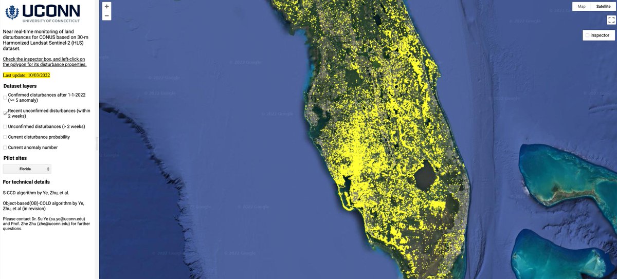The death toll from Hurricane Ian tops 100 as the search for survivors continues. Su Ye <a href="/SuYe999/">SU YE</a> from GERS Lab used HLS to create the first high-resolution land disturbance map for Florida showing all the Ian flooded and damaged areas. Please RT! gers.users.earthengine.app/view/nrt-conus 
1/n