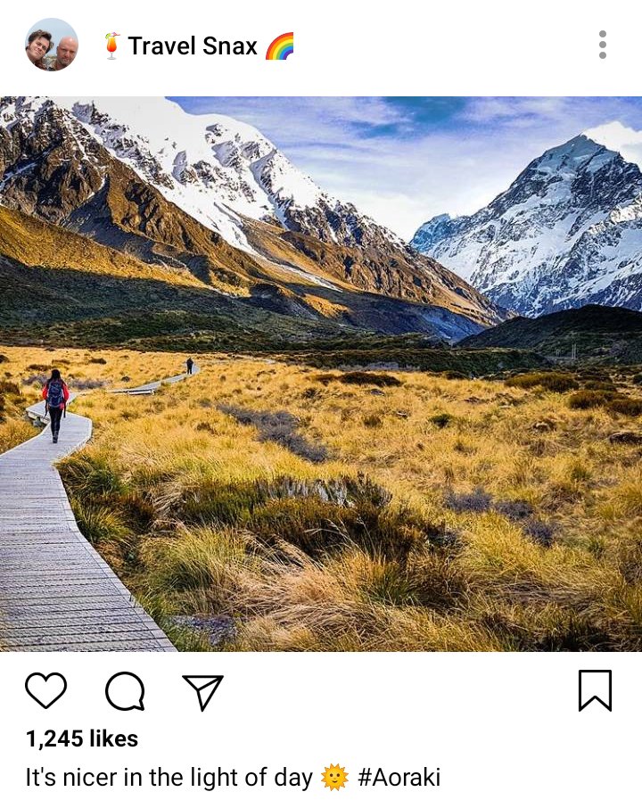 Luvius' IG: picture of trail leading to Hooker Valley. Caption reads "It's nicer in the light of day." 