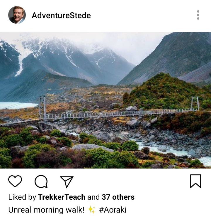 Stede's IG: Picture of mountainscape and bridge over the water. Caption reads "Unreal morning walk!" 