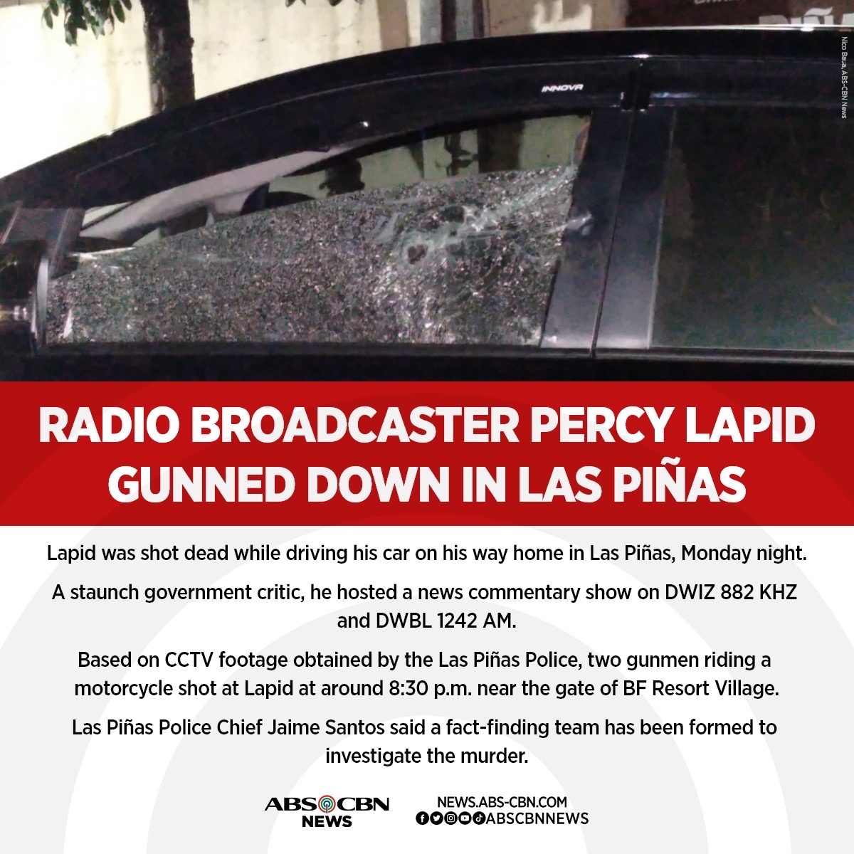 ABSCBNNews's tweet photo. Radio broadcaster Percy Lapid, a staunch government critic, was shot dead by two gunmen riding a motorcycle in Las Piñas at around 8:30 p.m. on Monday.

Read: https://t.co/jhbBnHqTrq https://t.co/ec8MZYwIkZ