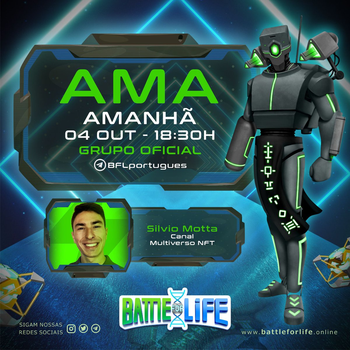 Venha conhecer os modos liberados do jogo BFL, curtir no metaverso e esclarecer todas as dúvidas.🧪🧬

Contaremos com a presença do Silvio Motta @MetaversoNFT

📆 Amanhã 04/10
🕖 Às 18:30 H
📍 Local: Grupo oficial do telegram.

Se programe, nos encontramos amanhã! 😊
