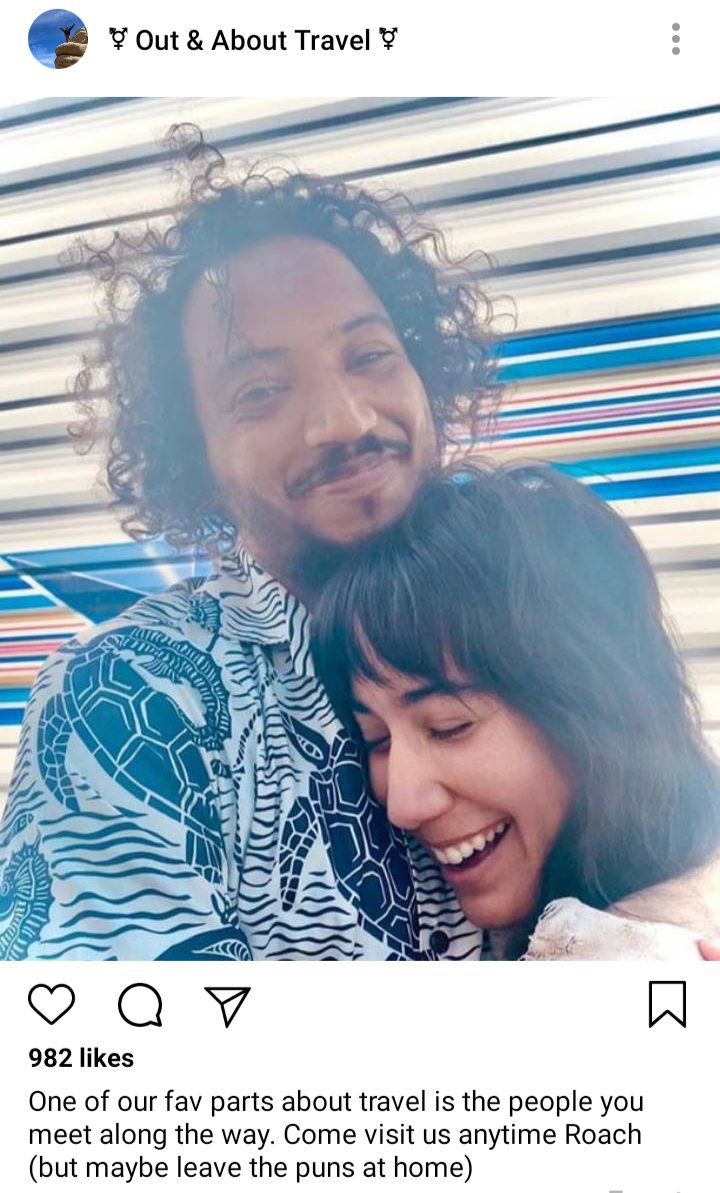 Olu and Jim's IG: picture of Jim hugging Roach in a lovely moment. Caption reads "one of our fav parts about travel is the people you meet along the way. Come visit us anytime Roach (but maybe leave the puns at home)!" 