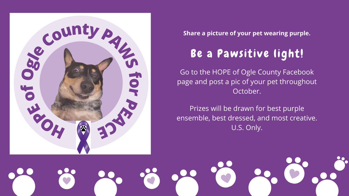 Have some fun with PAWS for Peace!  Post a pic of your pet(s) throughout October, Domestic Violence Awareness Month. To win prizes, share your pics on our Facebook page.

➡️facebook.com/hopeoglecounty