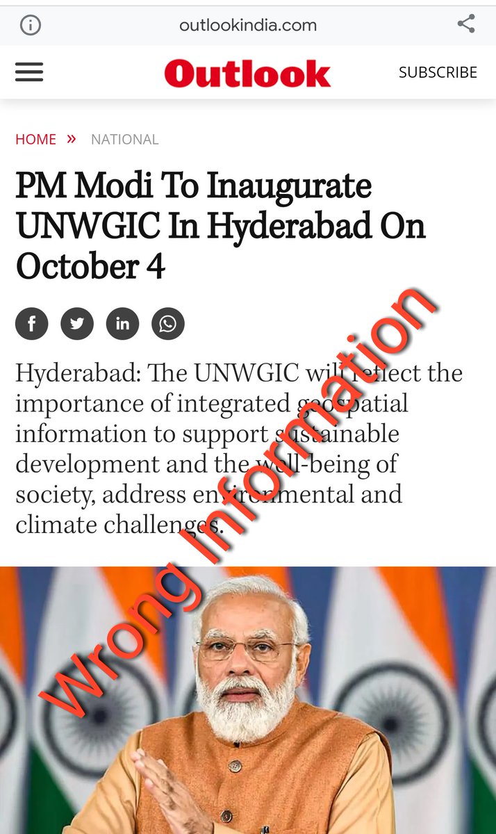 jsuryareddy's tweet photo. How can a leading News Paper @Outlookindia can publish #WrongNews that Prime Minister #NarendraModi will inaugurate the UNWGIC in #Hyderabad on Tuesday Oct 4.
Correct News is that #PMModi will officially launch #UNWGIC on Oct 11, may be he will come on 10th or launch vertually. https://t.co/osCO7iJyN5