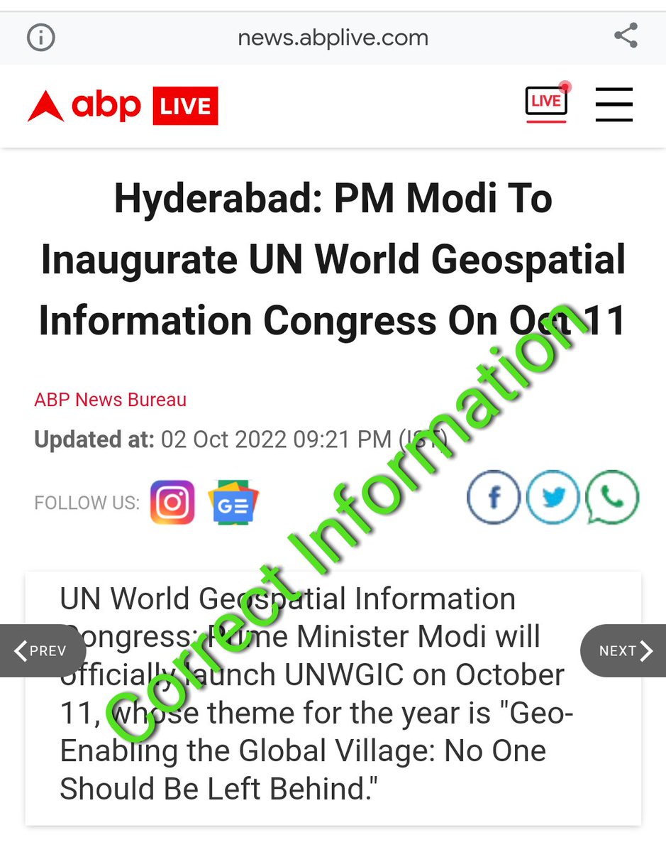 jsuryareddy's tweet photo. How can a leading News Paper @Outlookindia can publish #WrongNews that Prime Minister #NarendraModi will inaugurate the UNWGIC in #Hyderabad on Tuesday Oct 4.
Correct News is that #PMModi will officially launch #UNWGIC on Oct 11, may be he will come on 10th or launch vertually. https://t.co/osCO7iJyN5
