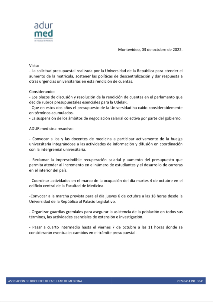 Huelga Universitaria Resolución Asamblea ADUR Medicina
#NoNosDaLoMismo 
#MasPresupuestoParaUdelar 
#QueNoteDeLoMismo