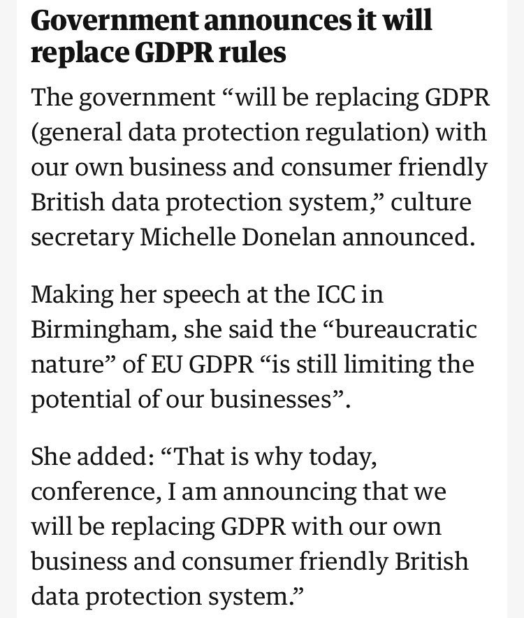 It’s another own goal, another attempt to look like they’re reducing no regulation when they’re creating it. British businesses will have to abide by GDPR anyway if they’re going to trade with the EU. They’ll now need to do double the work. Red tape courtesy of hard Brexit.