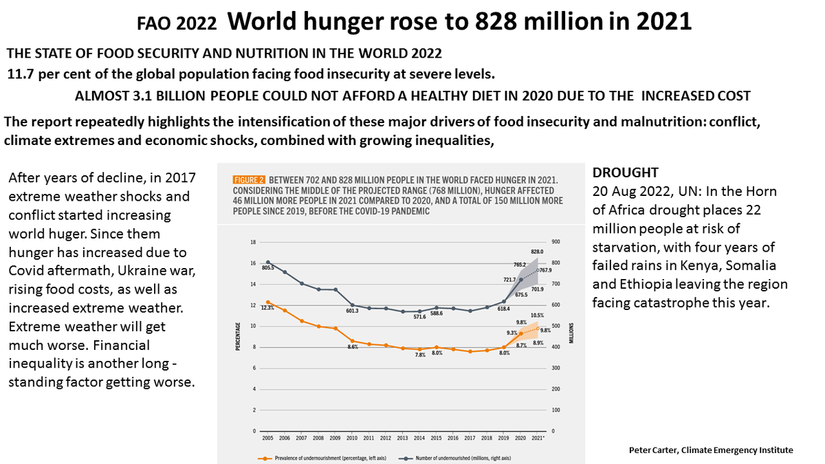WORLD HUNGER rose to 828 million in 2021 
FAO State World Food Security
 Highlights intensification major drivers food insecurity malnutrition: conflict, climate extremes and economic shocks, combined with growing inequalities. data.unicef.org/resources/sofi…....

#hunger #climatechange
