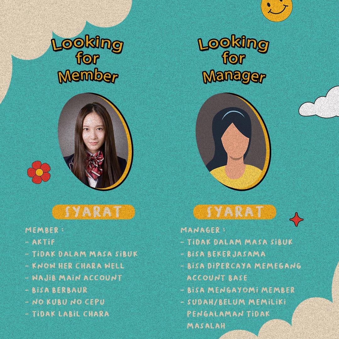 ㅤ
𝐎𝐅𝐅𝐈𝐂𝐈𝐀𝐋𝐋𝐘 𝐎𝐏𝐄𝐍!

Finally! We are f(eks) looking for our member, Krystal Jung and looking for a Manager as well. If you are interested please check the terms and conditions below! We are waiting for you to be a part of us! And Please help retweet, Thank you 💜
ㅤ