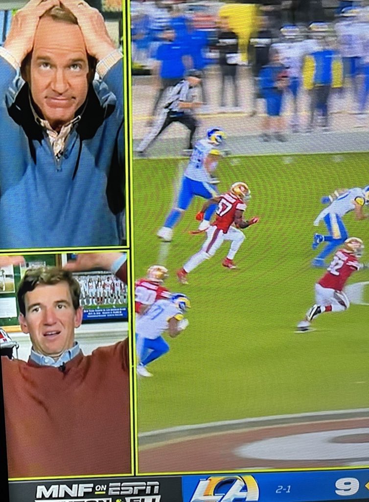 itsjessica's tweet photo. Professor Peyton and Professor Eli are not happy with Matthew Stafford’s response. He didn’t do the reading. 👨🏻‍🏫😂 #ManningCast #MNF #Rams #49ers https://t.co/BoxCMrOg5W