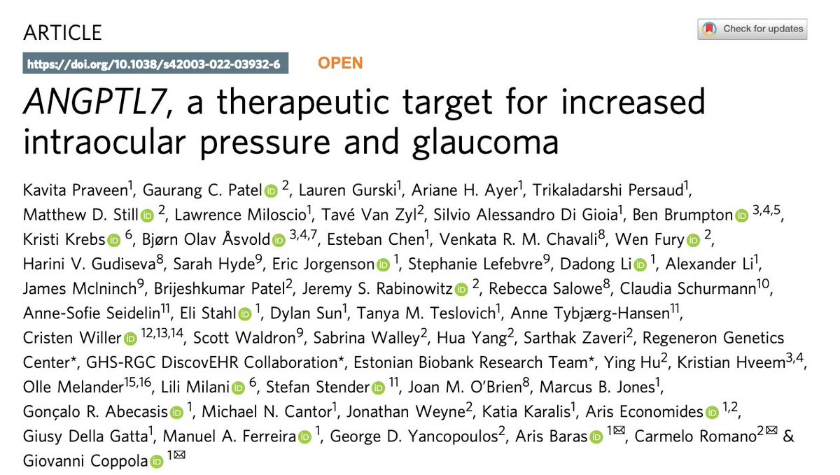 Today <a href="/RegeneronDNA/">Regeneron Genetics Center</a> celebrates the publication of genetic discovery and functional validation of ANGPTL7 as a highly  promising drug target for glaucoma.
nature.com/articles/s4200…
