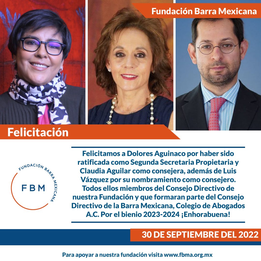 FundacionBarra's tweet photo. ¡Queremos felicitar a nuestra presidenta @AguinacoBravo y @CAguilarBarroso por haber sido ratificadas en Consejo Directivo de la @BMA_Abogados! Por otro lado, también nos congratulamos por el nombramiento de Luis Vázquez como consejero de esta misma institución.  ¡Enhorabuena! https://t.co/esO4IYNwRr