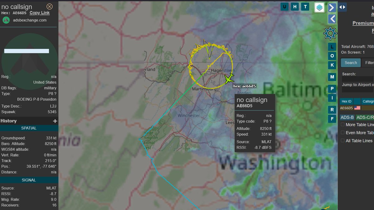 rjsincs's tweet photo. Possible #P8 #AE66D5 making circles over #Hagerstown area. There used to be a few #RO6 that would do the same pattern there. https://t.co/oDXm9B75SC