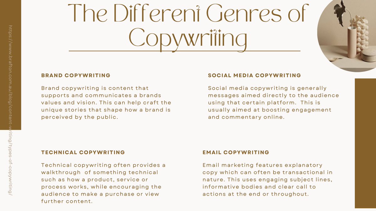 Here are some copywriting genres to get you thinking about what is right for your DA! #bcm302 #bcm114 #bcm206