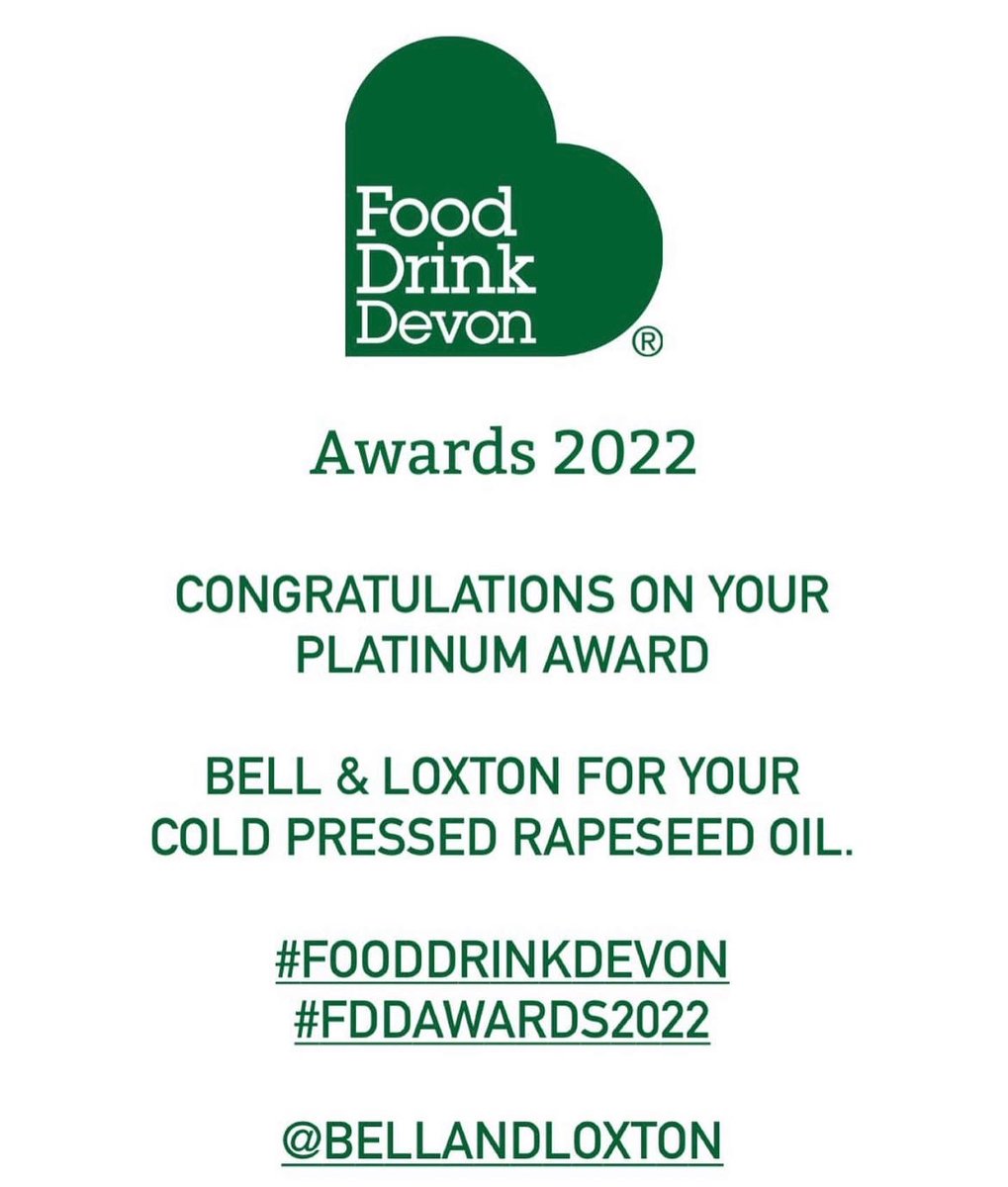 BellandLoxton's tweet photo. Delighted to have been awarded Platinum for our cold pressed rapeseed oil with Food and Drink Devon.
#FoodDrinkDevon #FDDAwards2022 #awardwinning #rapeseed #devon #localproducer https://t.co/3g9Fr3zT30