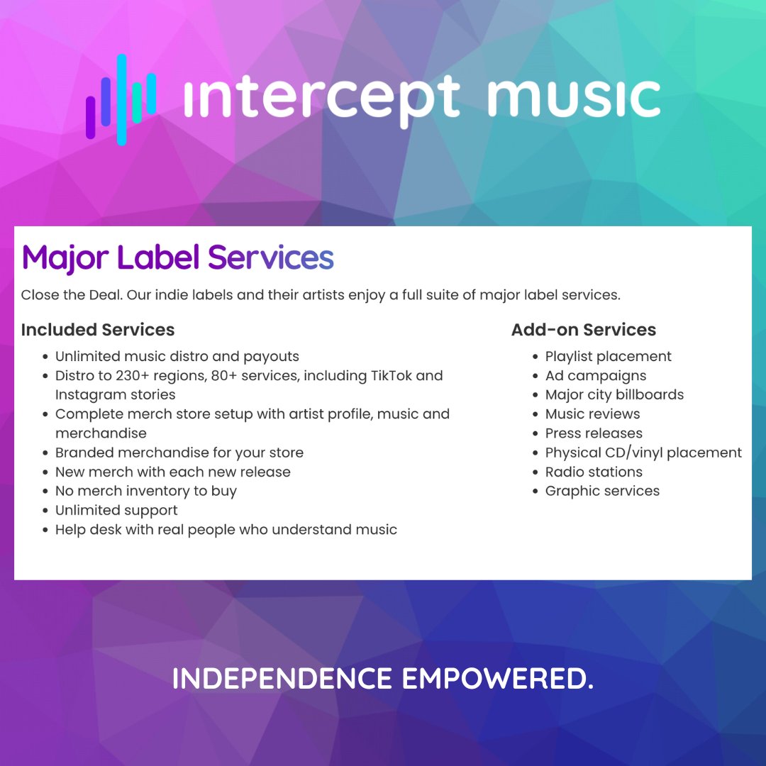 Intercept_Music's tweet image. "Intercept helped me build my label on top of their trusted services of best practices. This keeps me organized, nothing is slipping through the cracks, and my artists are happy. I've added 12 artists in the last year alone." - Mark Skoda, Iron Gate Records
#InterceptMusic #Music
