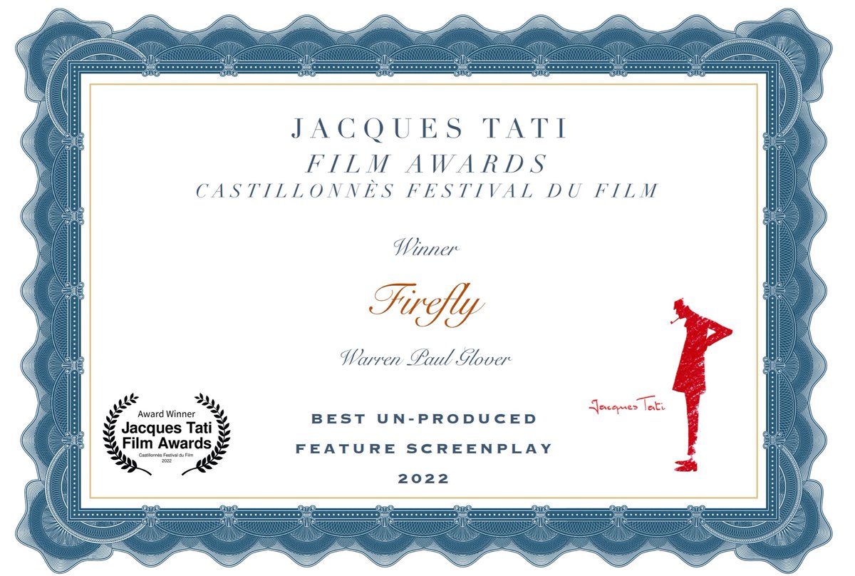 Merci <a href="/CastiFilmFest/">Castillonnès Indie Film Festival</a> 🎬🎥 🇫🇷 ‘Firefly’ Best Feature Screenplay Jacques Tati Awards (Sept 2022) A firefighter sent to battle a blaze meets the arsonist killer of his family: in the heat of a fire, you can get burned by your own history #screenplay #screenwriter #screenwriting