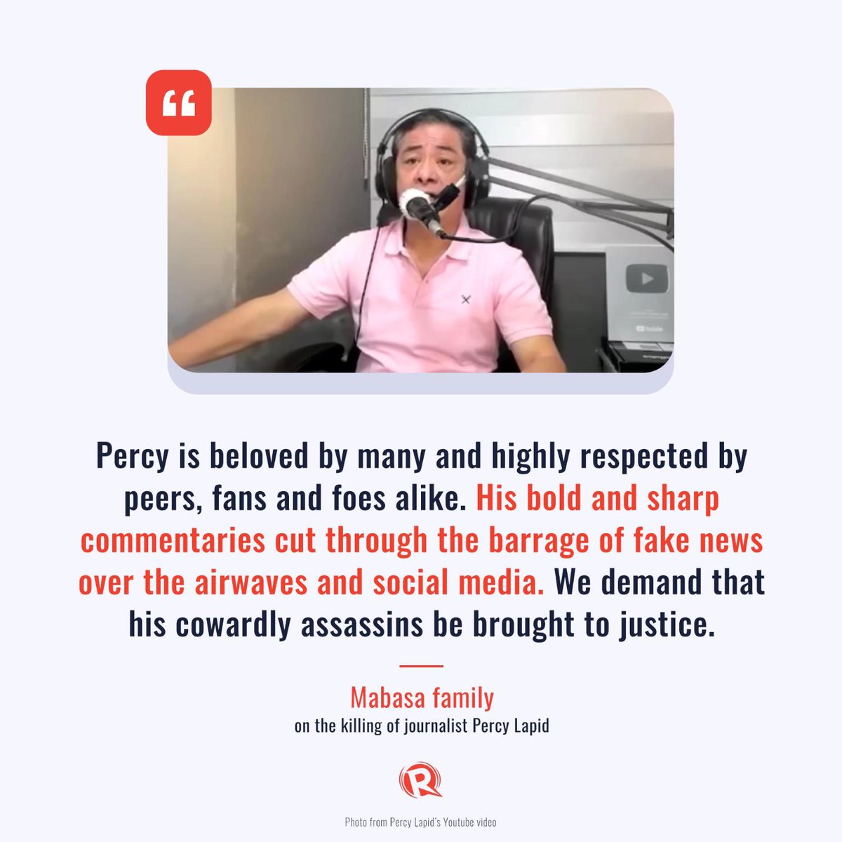 rapplerdotcom's tweet photo. In a statement, the Mabasa family called for justice for the killing of radio broadcaster Percy Lapid. Percy’s brother, Roy, is also a veteran journalist. #DefendPressFreedom #StopTheKillingsPH #JusticeForPercyLapid

READ: https://t.co/Rj4kKEItVF https://t.co/x7GBwby5Ah