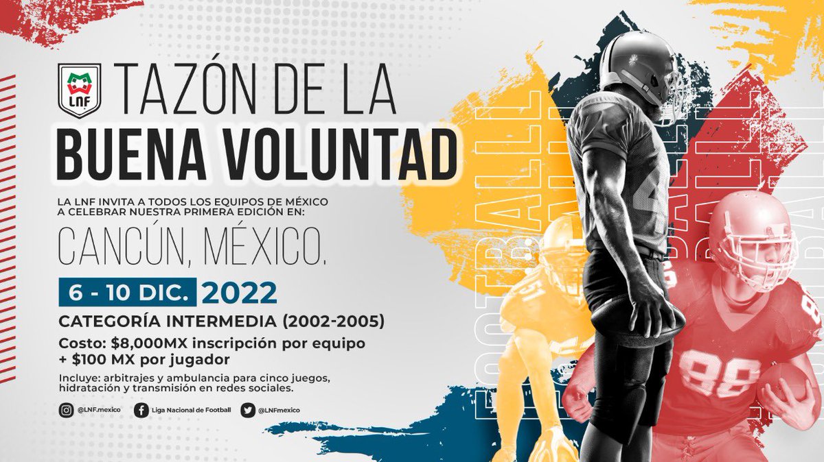 LNFmexico's tweet photo. Extendemos una invitación abierta a todos los equipos de México de categoría intermedia (2002-2005) a participar en este torneo abierto a beneficio de toda la familia del Football americano en México 🏈🏆🇲🇽

Inscripciones abiertas https://t.co/O4n96Zw3KK
