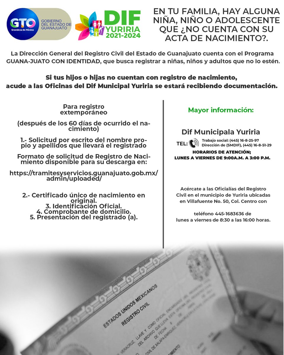 DifYuriria's tweet photo. En tu #familia, hay algunaniña, niño o adolescente que ¿No cuenta con suActa de #Nacimiento?.

#Yuriria #Gto #DifYuriria https://t.co/YI6V8Y9tFg