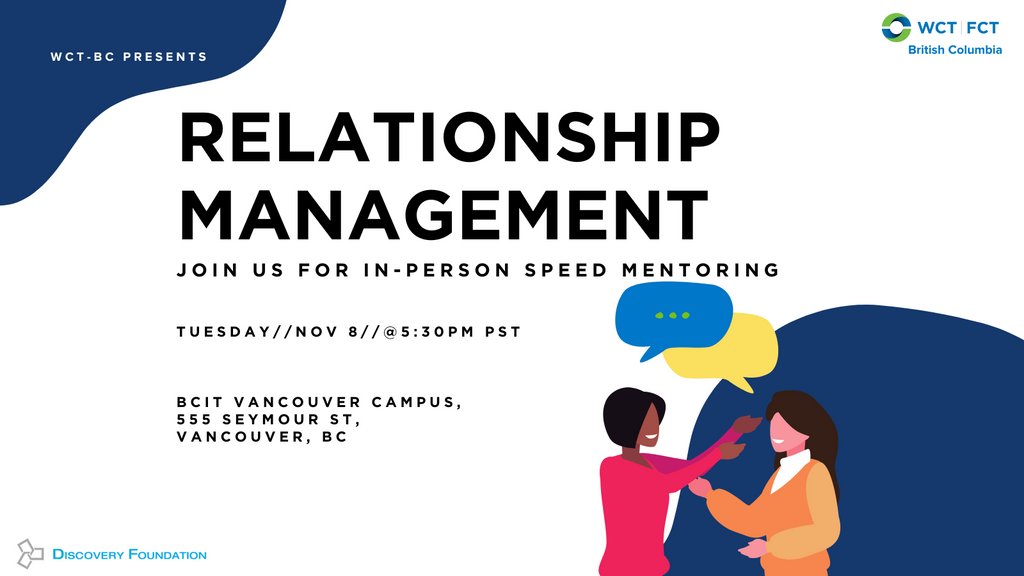 Join us on November 8th for our In-Person Speed Mentoring Session: Relationship Management... You read that right, we are back in person! 

Click here to register and to read more details on this special event: bit.ly/3SxfpqM