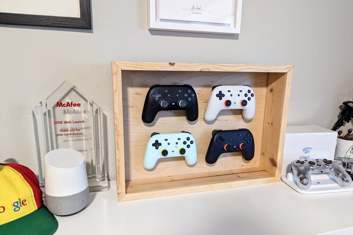 malabooboo's tweet photo. Dusted off the old woodworking tools and made a shadowbox for my Stadia controllers.  I'll paint it later (probly never) #Stadia #RIPStadia https://t.co/ydYn1CwSHO