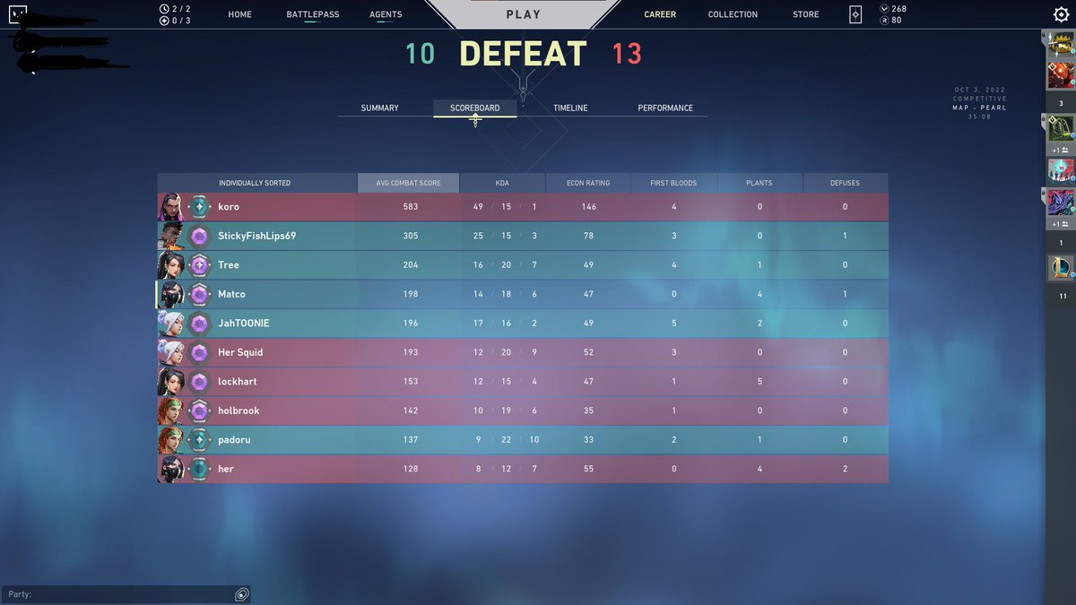 RagingNinja35's tweet photo. @riotgames @PlayVALORANT 
How in the world is this allowed i mean some in a Diamond lobby dropping 49 kills as a Plat 3, I can understand its hard to stop a smurf bc people have good games, but its gotta be obvious when its not "Just a good game" please god fix this https://t.co/QrkEQDCCVp
