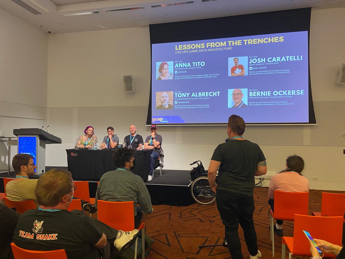 josh_caratelli's tweet photo. Had the most amazing engineering panel yesterday with @MythicalC, @TonyAlbrecht, Bernie and I at #GCAP22 yesterday. 

It's so great to be seeing devs again, excellent audience questions and I couldn't help but ask for a group wave at the end. 

#MIGW22 https://t.co/pM57d0I85c
