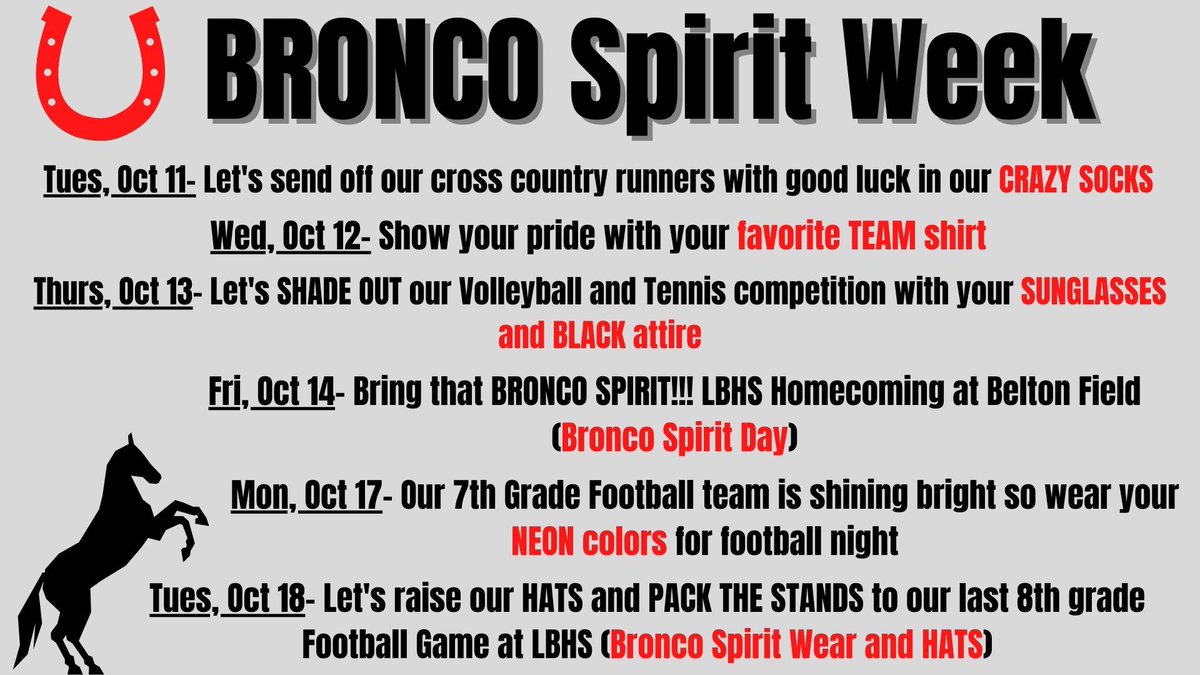 NorthBeltonMS's tweet photo. Celebrate all our Bronco teams next week be participating in spirit days! #riseup #BeltonISD https://t.co/RFY1F4xmt4
