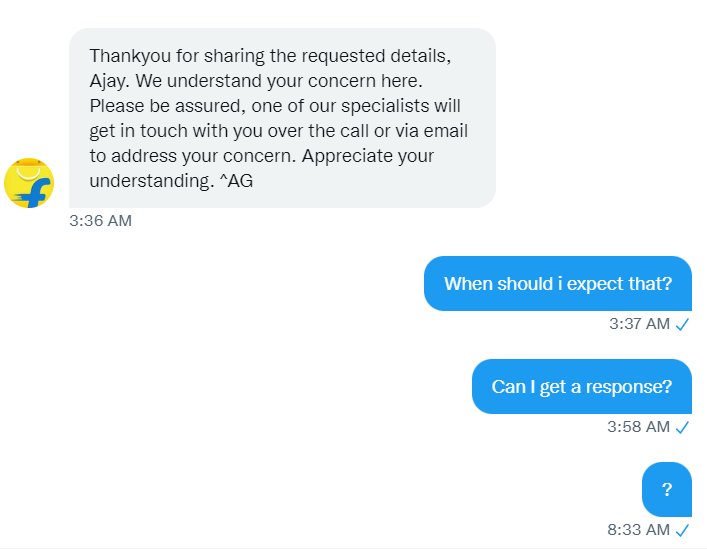 ajaysinghi11's tweet photo. @flipkartsupport @Flipkart @_Kalyan_K This is the bitter truth. You get your response in 1 minute on social media platform and when you DM Flipkart privately, nobody responds. Still no resolution.
@nsitharaman Please see the harassment that Flipkart do to their customers. https://t.co/fOJfCykpEa