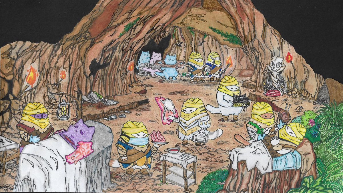 mr_c2o's tweet photo. The Nomad and the Heart 469BC
Nomads discover slimes have hearts
@Tsobulle cutting out @CalibreNFT heart. @kyliegendernft stitched up by @carl03991880. @milkshake_SOL smashing beers from slime hat @mr_c2o carrying ashes of @CryptoBrodyLLC. @tkae_sol and @jaipzzz escort slimes in https://t.co/narAgtFRms