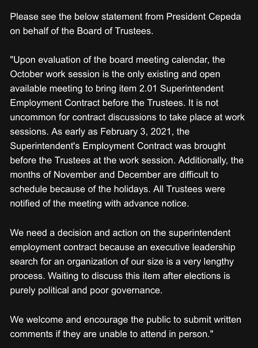 In a just-sent statement, @IreneCepedaNV explains the timing of Supt. Jara’s potential raise and contract extension. “Waiting to discuss this item after elections is purely political and poor governance.” Board to consider the extension on Wednesday morning.